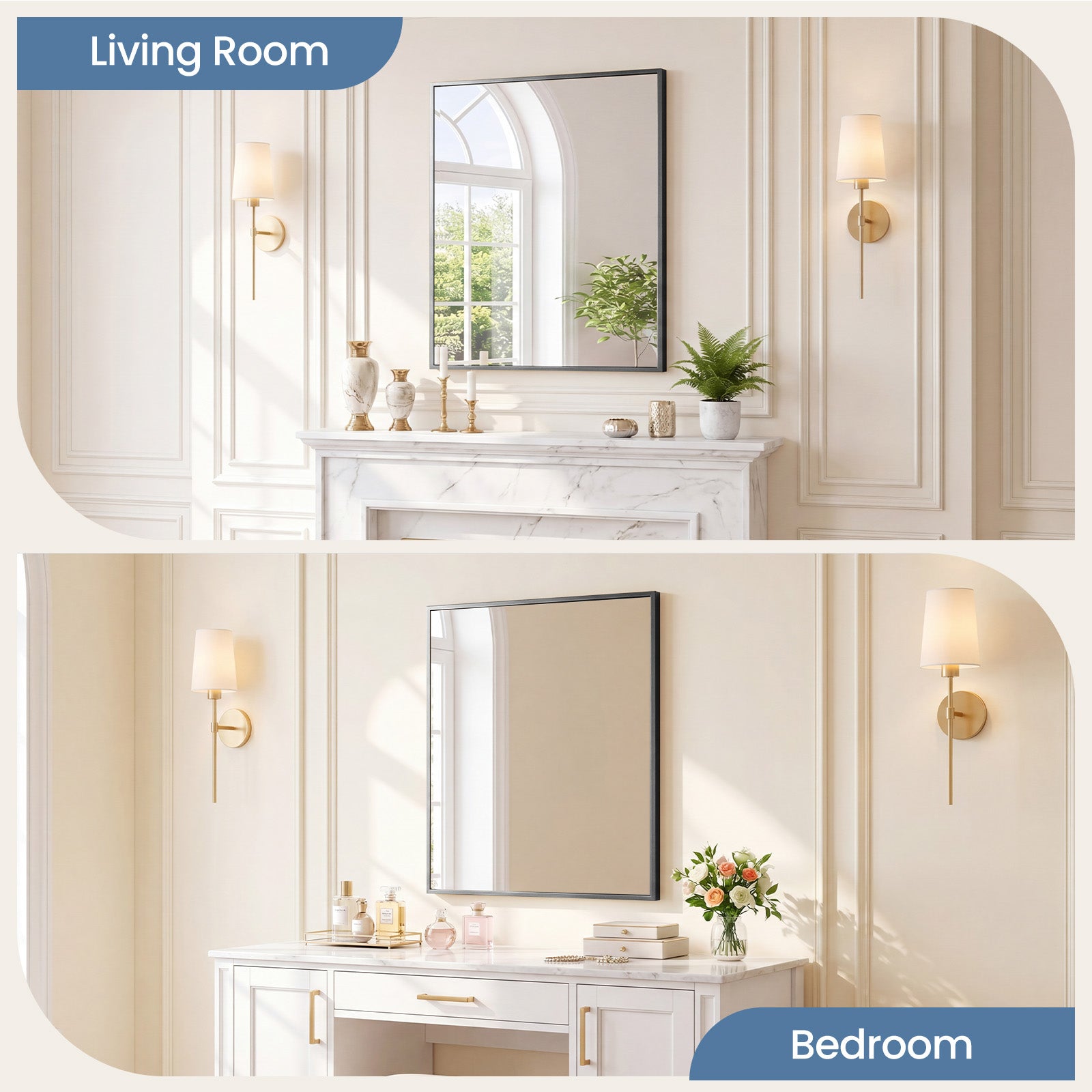 JIOABL Rectangular Shatterproof Tempered Glass Mirror, Aluminum Alloy Frame for Bedroom, Hallway, Living Room