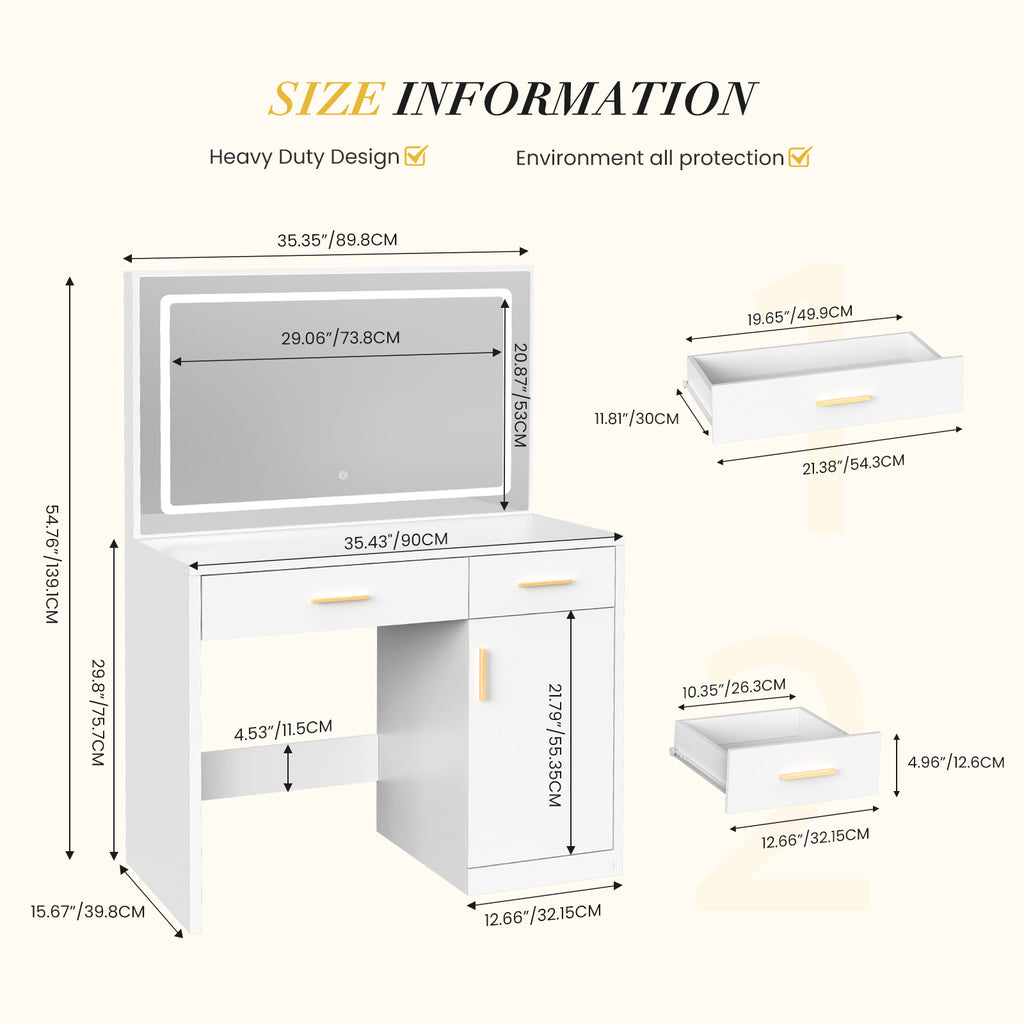 JIOABL Dressing Table with Mirror and Light, Adjustable Brightness Dressing Table with Drawers and Storage Shelves, White