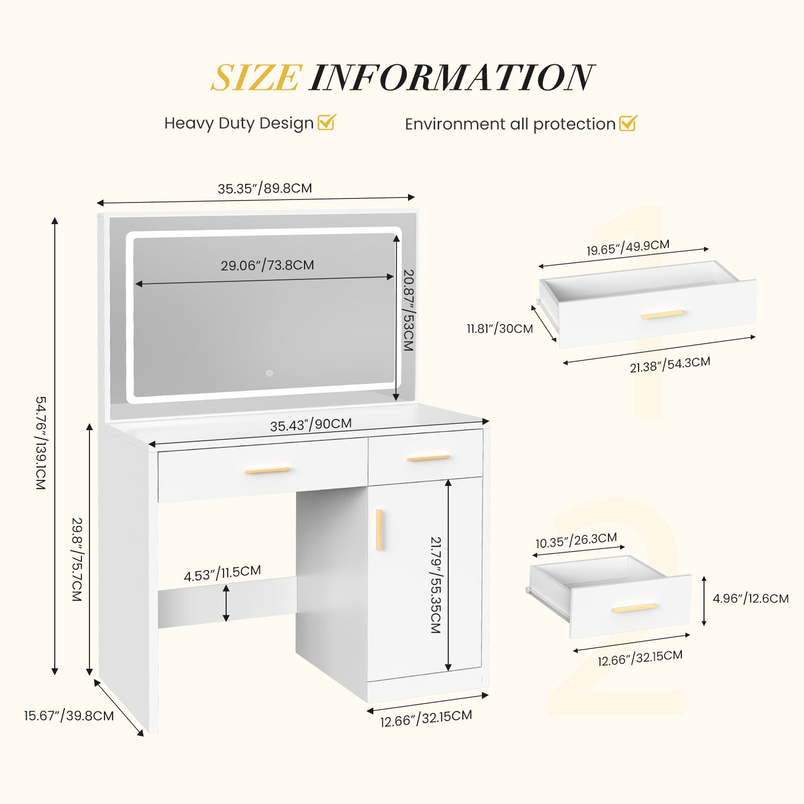 JIOABL Dressing Table with Mirror and Light, Adjustable Brightness Dressing Table with Drawers and Storage Shelves, White
