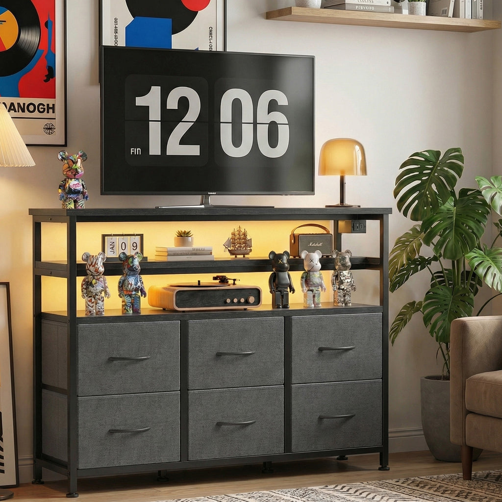 JIOABL TV Stand with 6 Fabric Drawers & Power Outlet, LED TV Console with USB & Type-C, Storage Dresser for Living Room