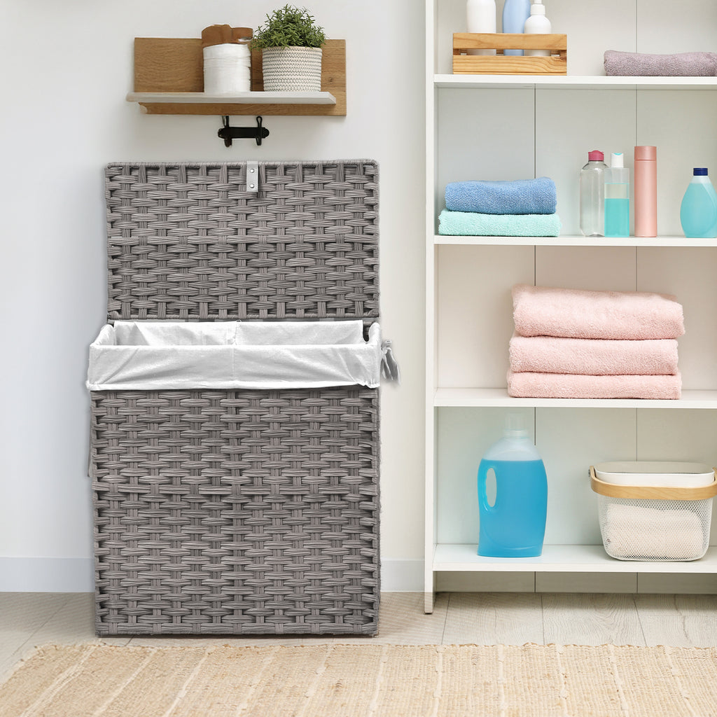 JIOABL Laundry Hamper with Lid, Clothes Hamper with Removable Liner Bags, Synthetic Rattan Laundry Basket for Clothes Toys in Bathroom Bedroom