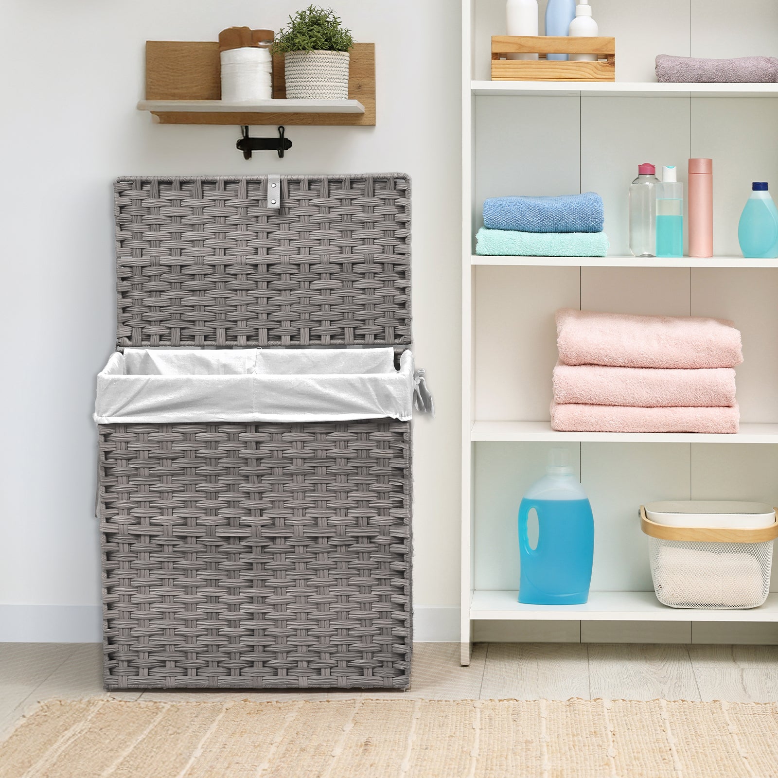JIOABL Laundry Hamper with Lid, Clothes Hamper with Removable Liner Bags, Synthetic Rattan Laundry Basket for Clothes Toys in Bathroom Bedroom