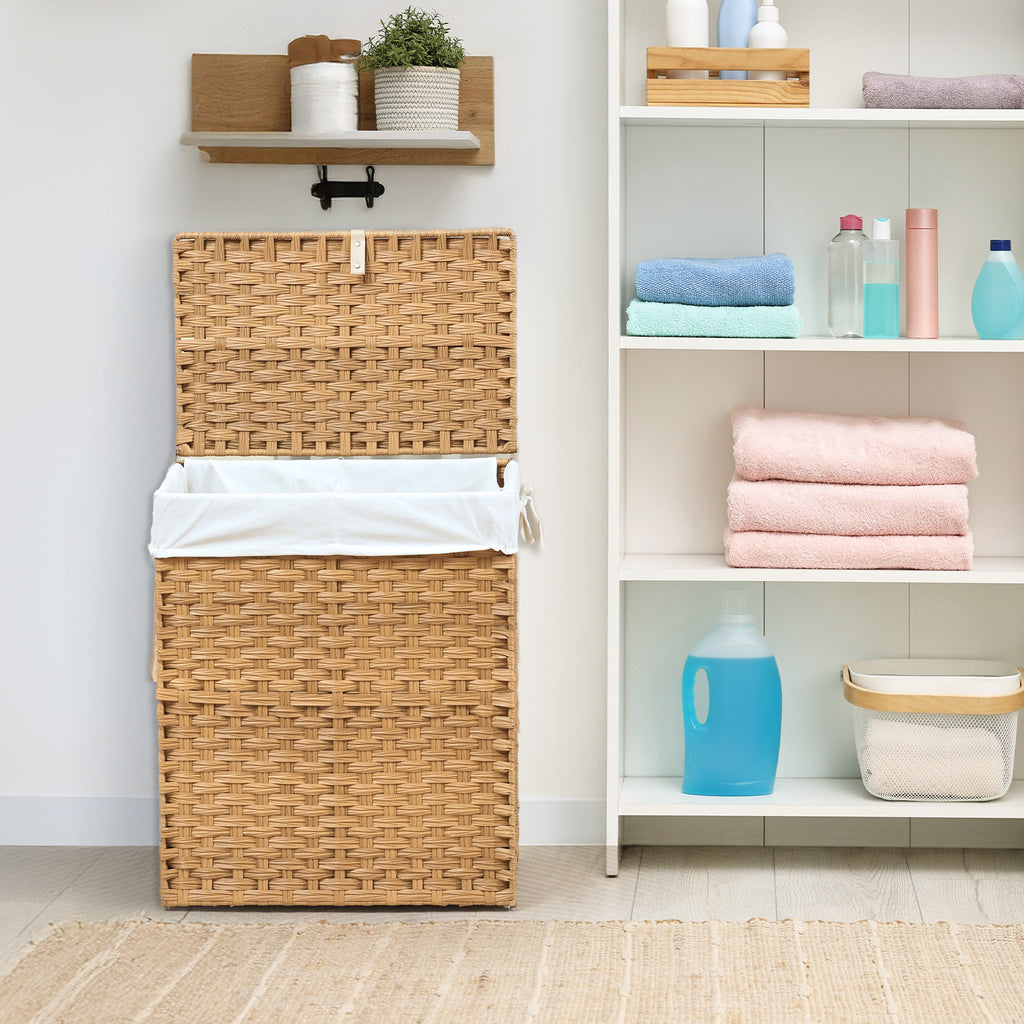 JIOABL Laundry Hamper with Lid, Clothes Hamper with Removable Liner Bags, Synthetic Rattan Laundry Basket for Clothes Toys in Bathroom Bedroom