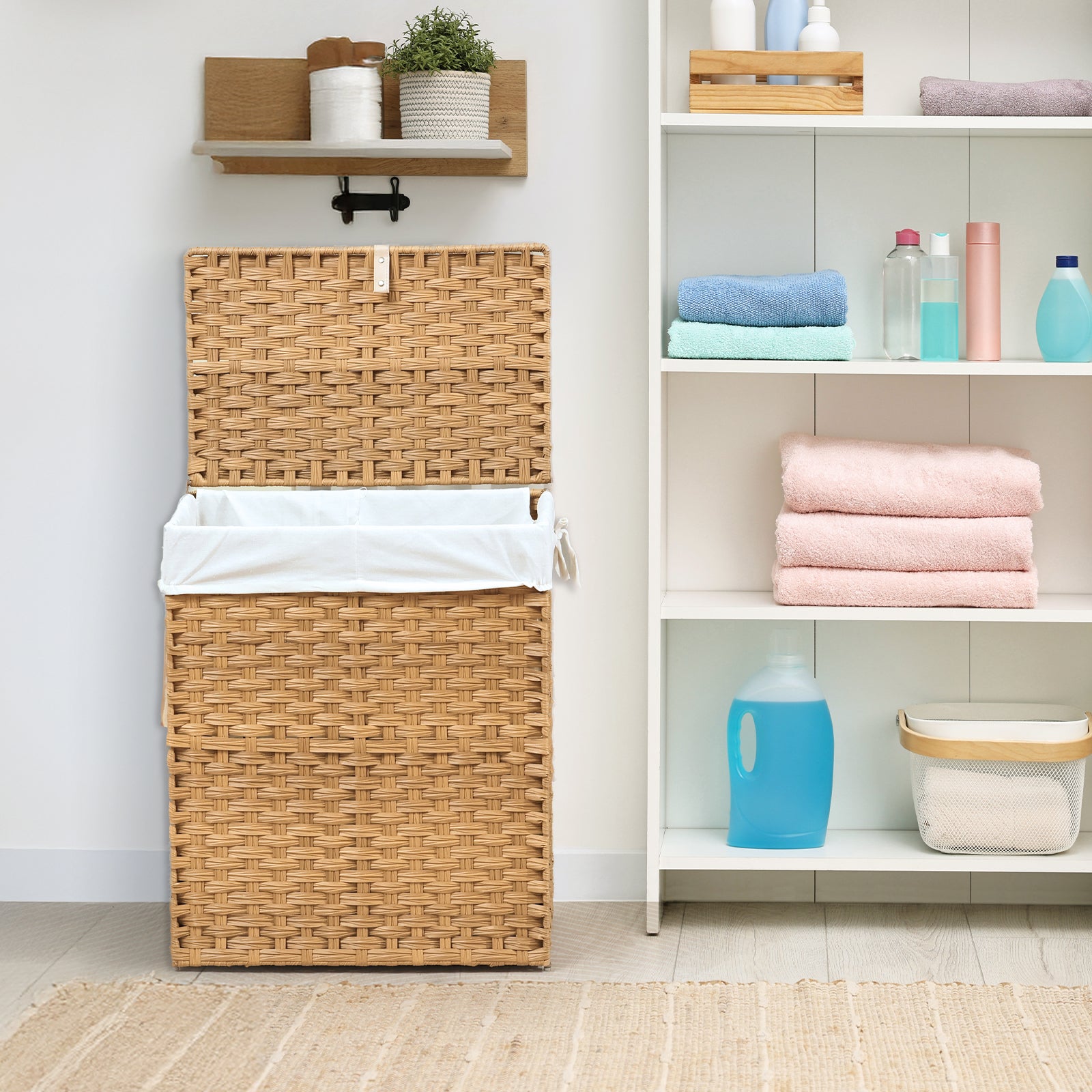 JIOABL Laundry Hamper with Lid, Clothes Hamper with Removable Liner Bags, Synthetic Rattan Laundry Basket for Clothes Toys in Bathroom Bedroom