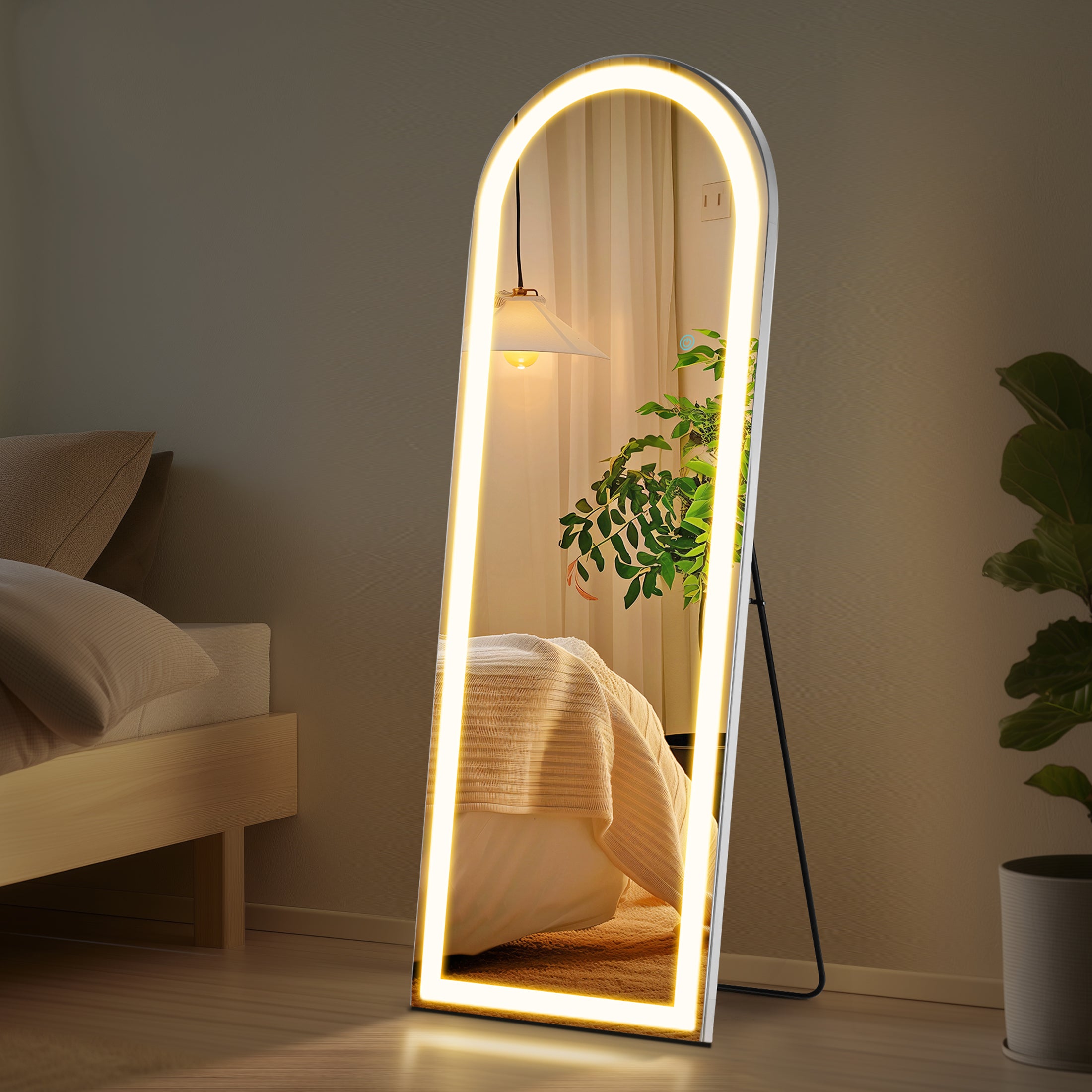 MCQ Arched Full Length Mirror with LED Lights, Lighted Floor Mirror with Stand, 3 Color Lighting For Bedroom Dressing Room Cloakroom, White