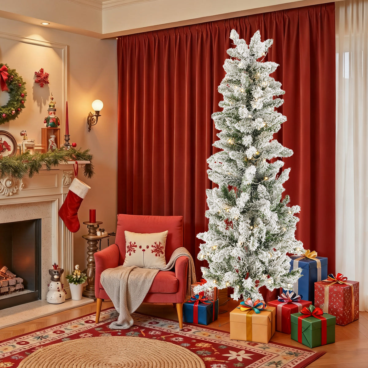JIOABL Pre-Lit Fraser Fir Pencil Artificial Christmas Tree, Offering 8 Warm Light Modes