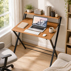 JIOABL No Assembly Folding Desk with Shelf – 2-Tier Compact Space-Saving Laptop Computer Table, Portable Study Workstation for Small Apartment, Dorm, Bedroom & Home Office