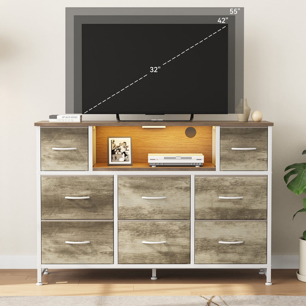 JIOABL TV Stand with  Fabric Drawers & Power Outlet, LED TV Console with USB & Type-C, Storage Dresser for Living Room