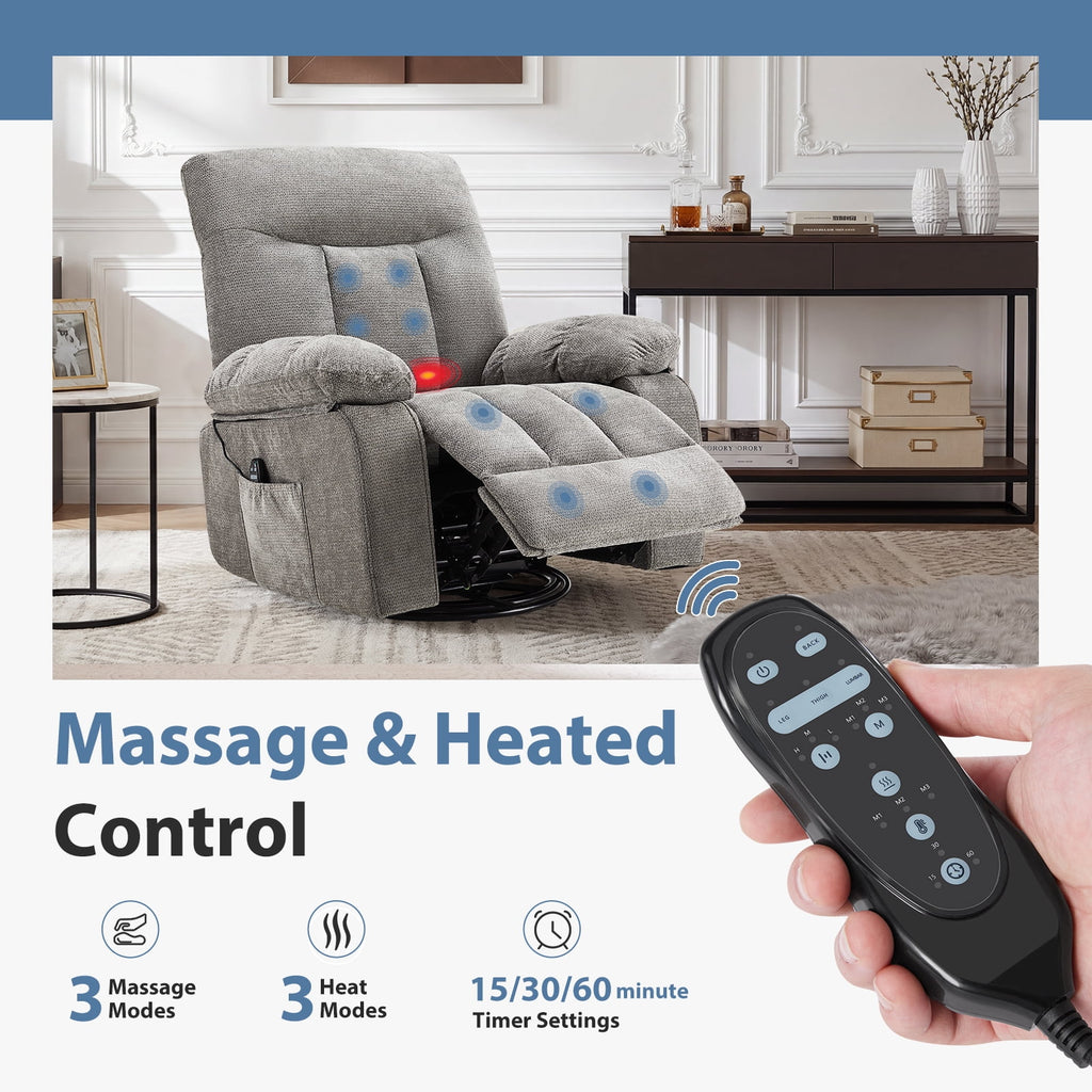 JIOABL Swivel Rocker Recliner Chair with Massage and Heat, Adjustable Recline, Chenille Fabric