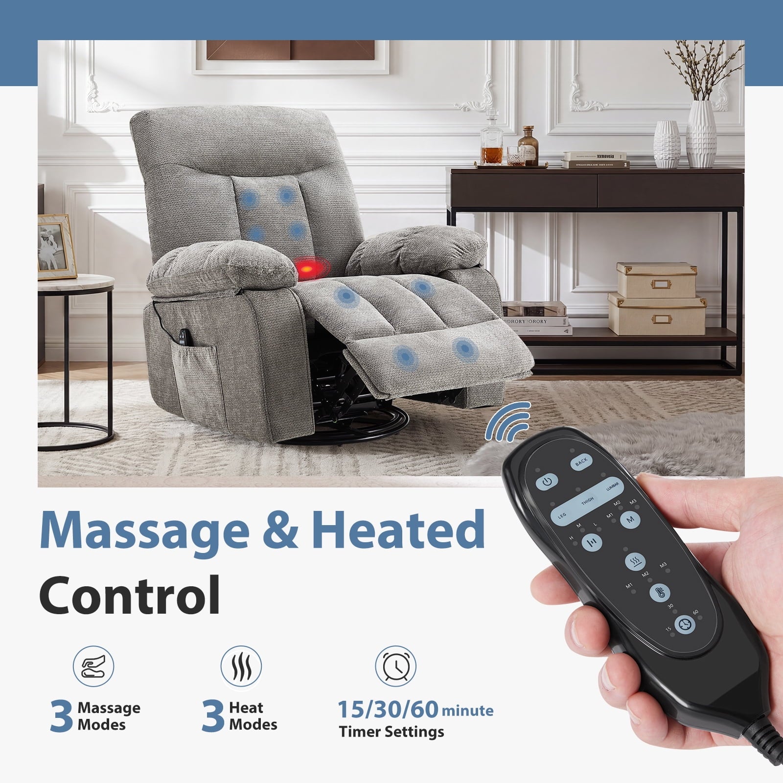 JIOABL Swivel Rocker Recliner Chair with Massage and Heat, Adjustable Recline, Chenille Fabric