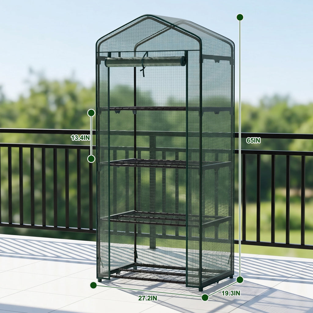 JIOABL 4-Tier Mini Greenhouse with PE Cover, Portable Plant Grow House with Zipper Door & Steel Frame for Indoor Outdoor Garden, Green