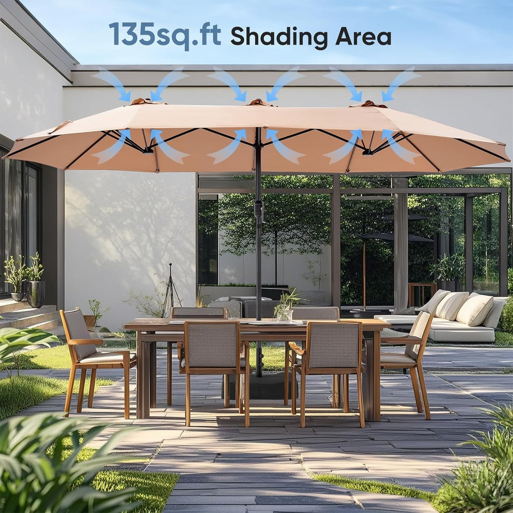 JIOABL 15FT Triple Head Patio Umbrella with Base & Sandbags, Large Outdoor Umbrella with Crank, 12 Ribs, UV-Resistant & Ventilated Canopy
