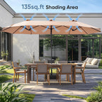 JIOABL 15FT Triple Head Patio Umbrella with Base & Sandbags, Large Outdoor Umbrella with Crank, 12 Ribs, UV-Resistant & Ventilated Canopy