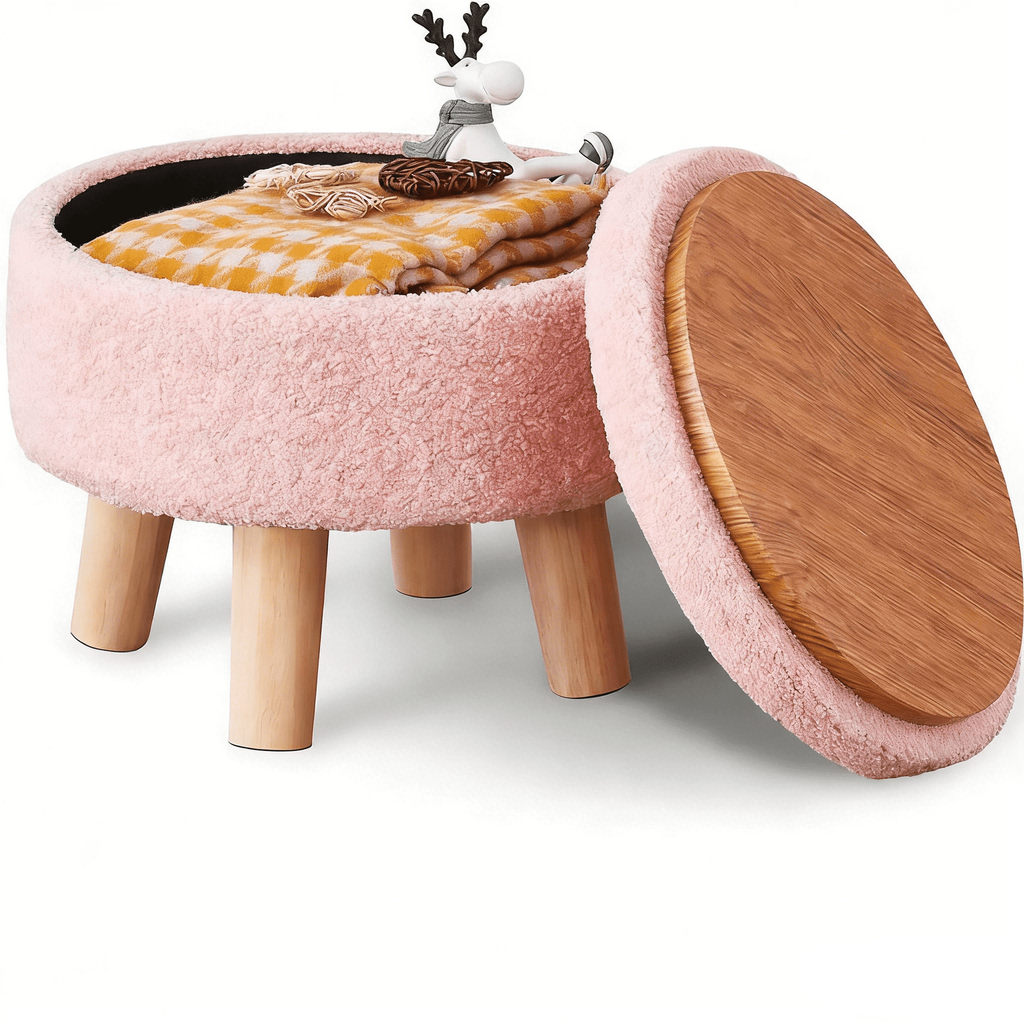 JIOABL Ottoman with Storage, 350lbs Capacity, Soft Teddy Fabric, Round Footrest, Wooden Legs, for Living Room & Bedroom
