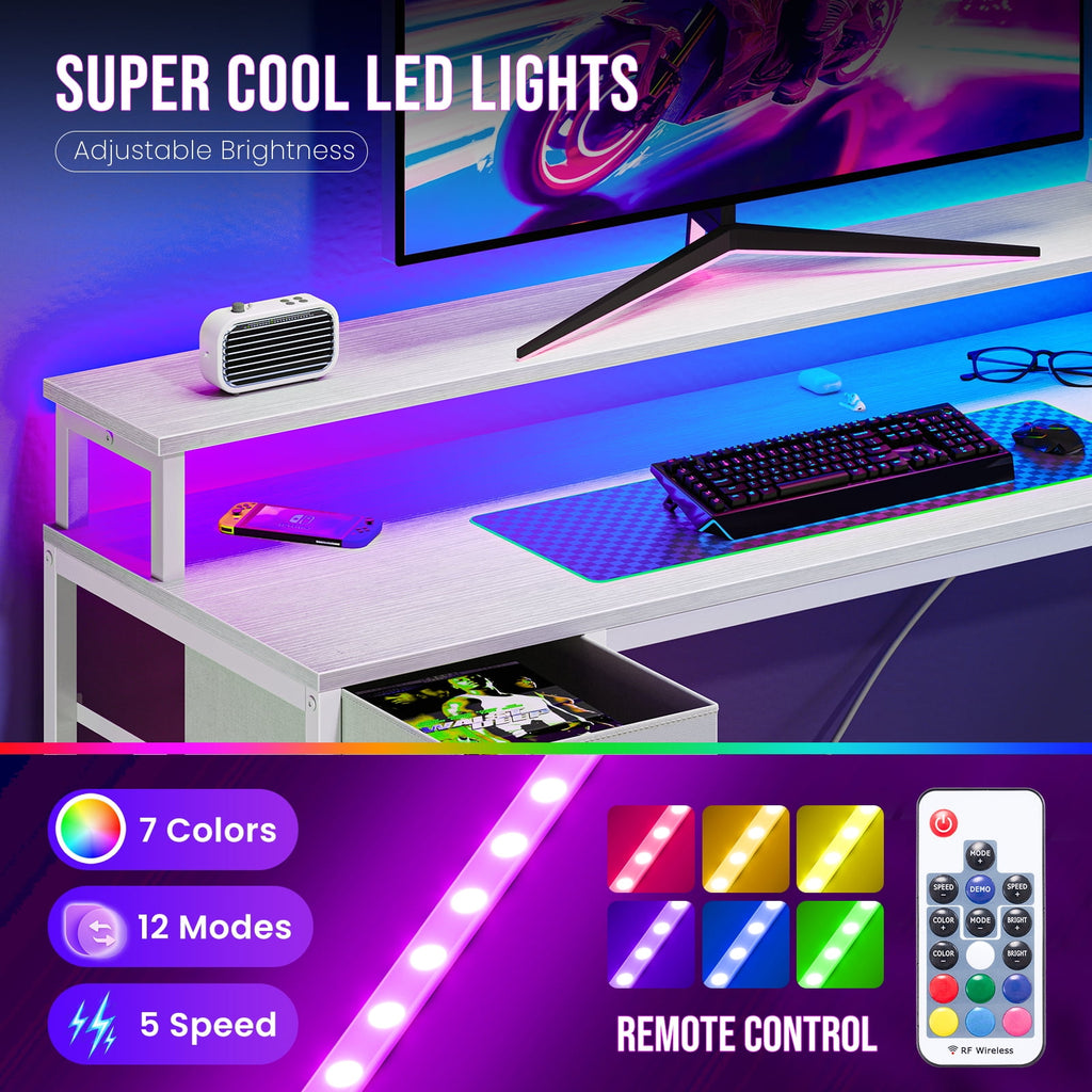 JIOABL L Shaped Computer Gaming Desk with USB Charging Ports & LED Lights, Reversible Corner Table with Power Outlets Monitor Stand for Home Office