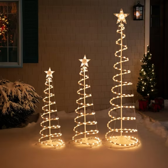 JIOABL 3/4/5 FT Christmas Spiral Tree Set, Warm White LED Lights, Easy Assembly, Stable Base for Indoor Outdoor Decor
