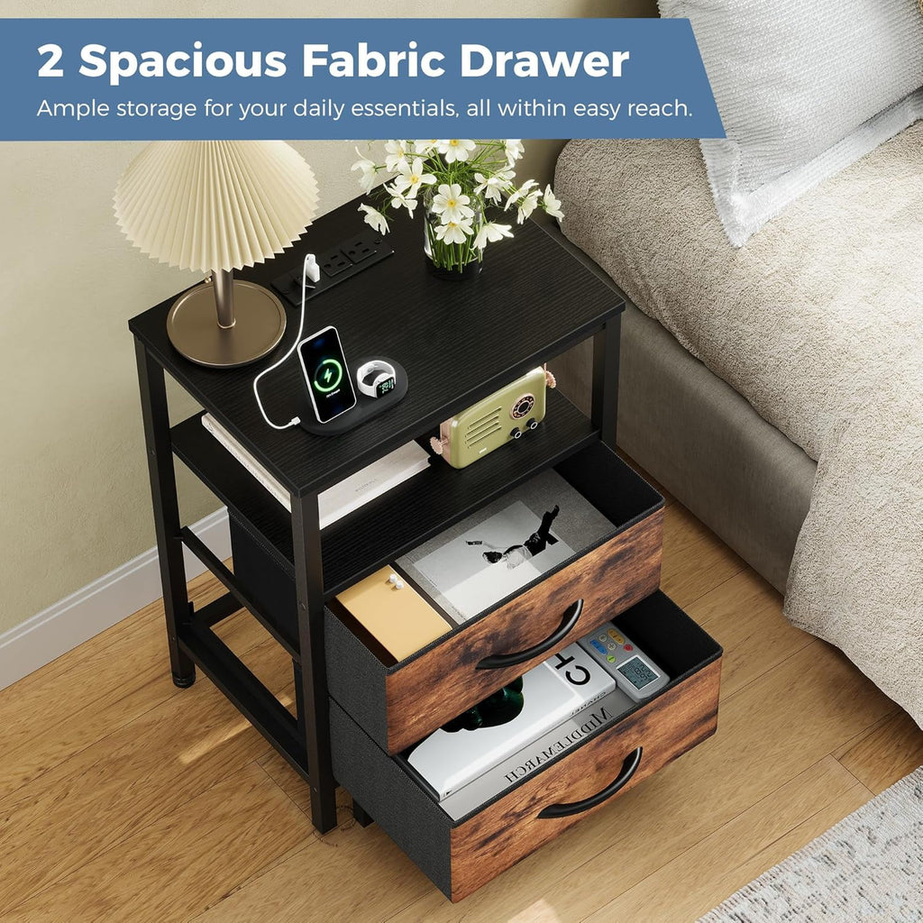 JIOABL Nightstand with USB & Type-C Charging, Fabric Drawers, Metal Frame
