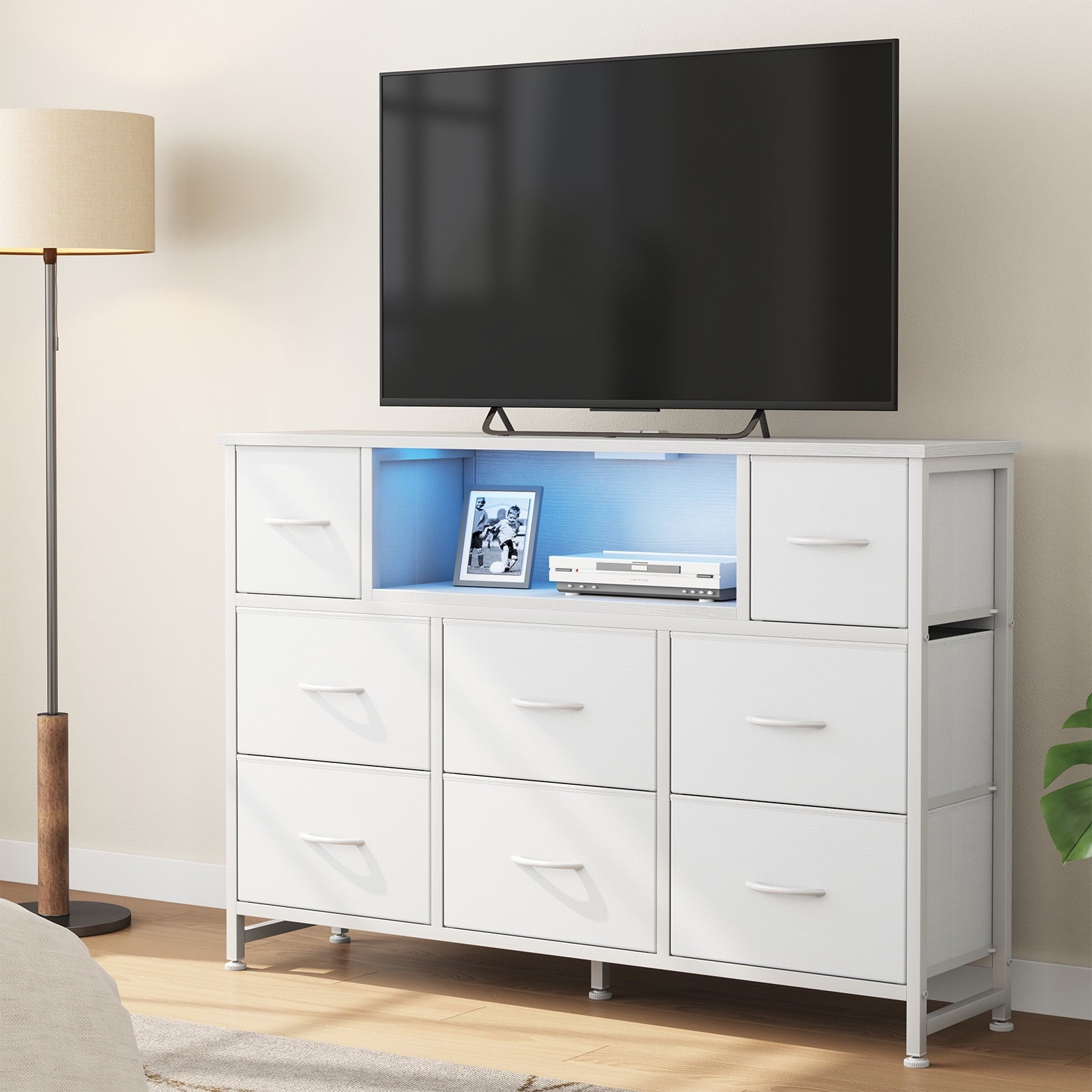 JIOABL TV Stand with  Fabric Drawers & Power Outlet, LED TV Console with USB & Type-C, Storage Dresser for Living Room