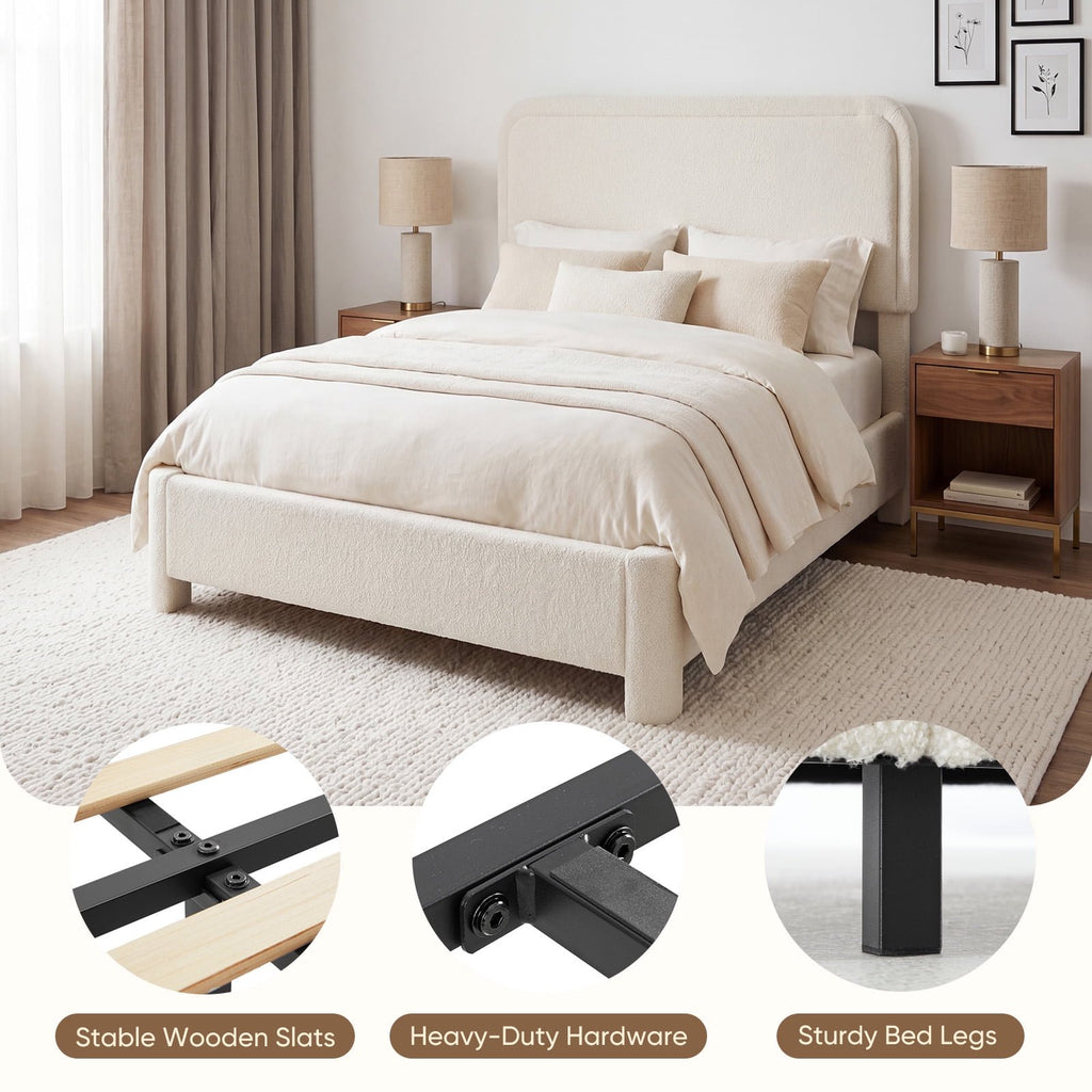 JIOABL Upholstered Platform Bed Frame with Adjustable Headboard, Teddy Fleece Fabric, No Box Spring Needed, White