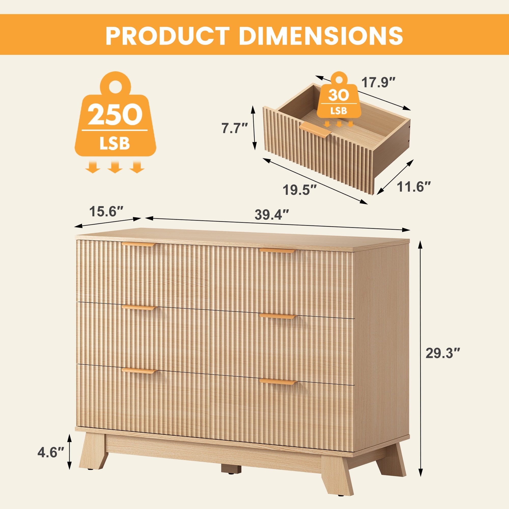 JIOABL Wood Dresser with Fluted Panel Design, Modern Storage Cabinet for Bedroom, Living Room, Hallway, Natural Oak