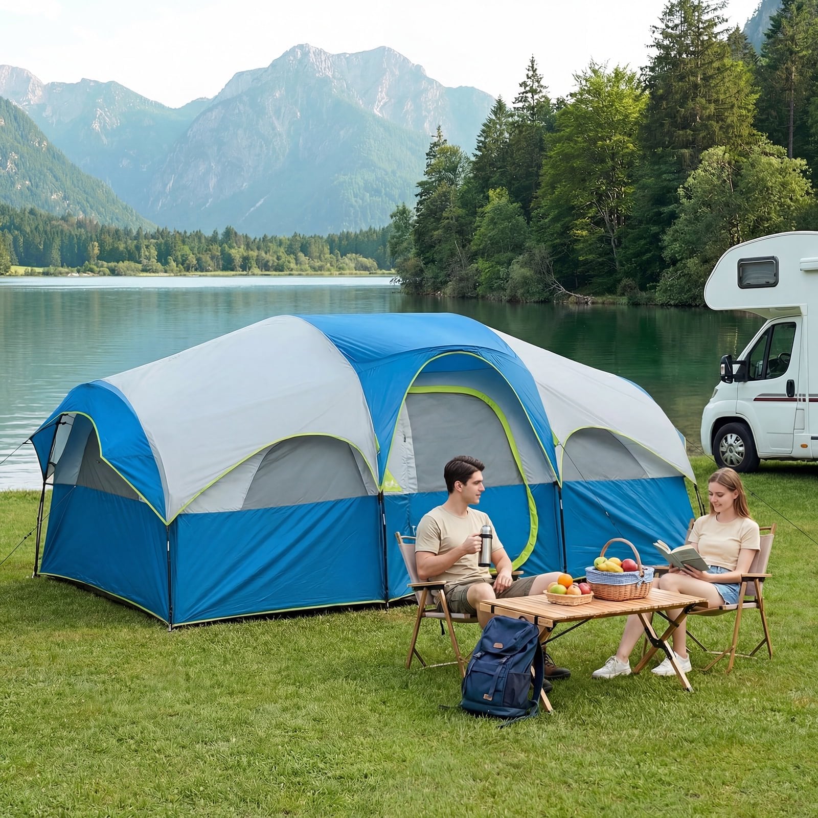 JIOABL 8 Person Camping Tent with Room Divider, Waterproof Polyester, Easy Setup, Portable with Carry Bag, Stakes & Ropes for Outdoor Camping