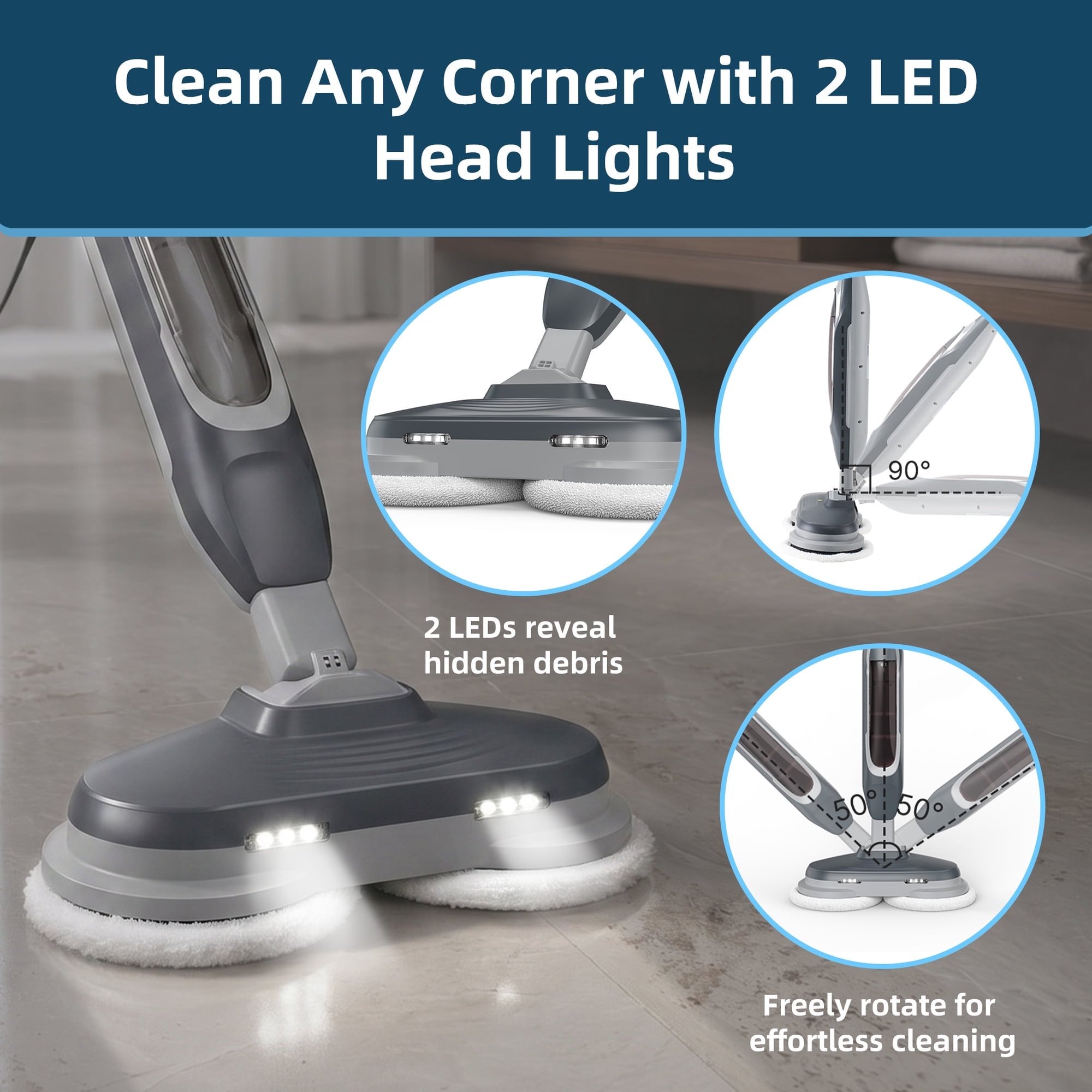 JIOABL Scrubbing Steam Mop with Dual Rotating Pads, LED Headlights and Adjustable Steam Modes for Sealed Hard Floors