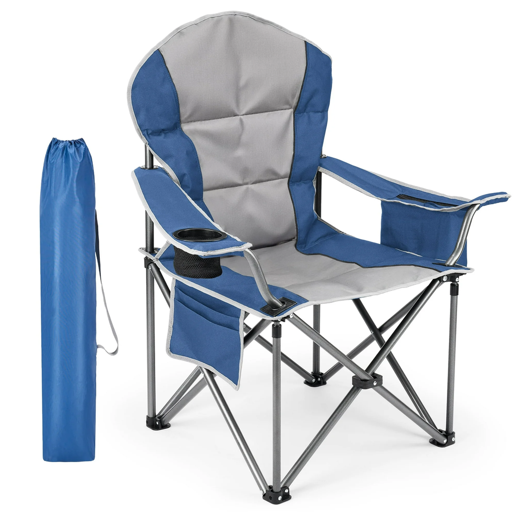 JIOABL Camping Chair, Portable Padded Outdoor Chair with Cup Holder & Cooler Bag, 500LBS Capacity, Folding for Beach Fishing Garden, Black Gray