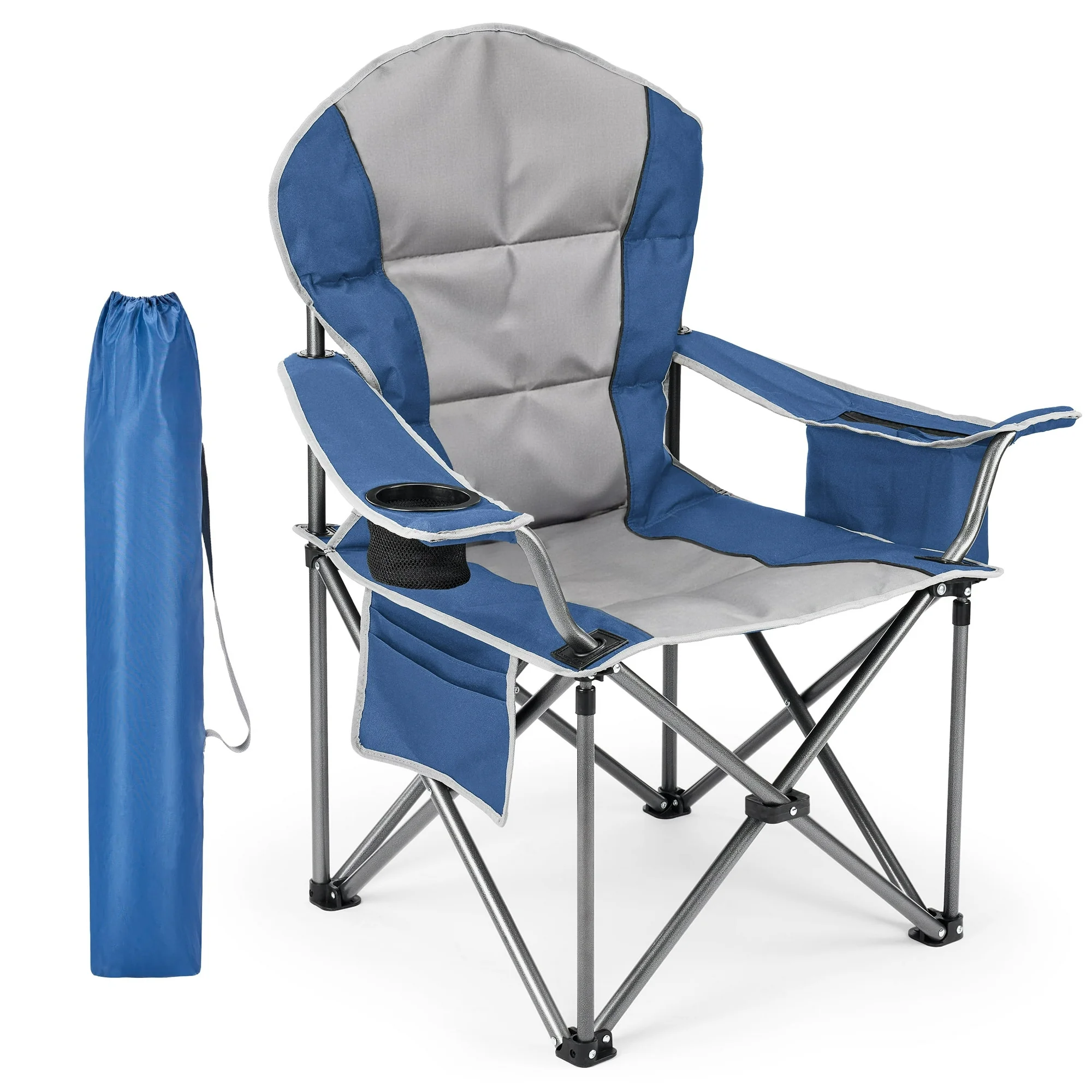 JIOABL Camping Chair, Portable Padded Outdoor Chair with Cup Holder & Cooler Bag, 500LBS Capacity, Folding for Beach Fishing Garden, Black Gray