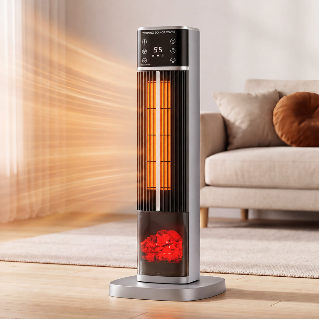 JIOABL Tall Tower Flame Heater | 1500W, 4 Functions, 3s Quick Heat, 2 Heat Settings, Low Noise, Oscillation & Timer