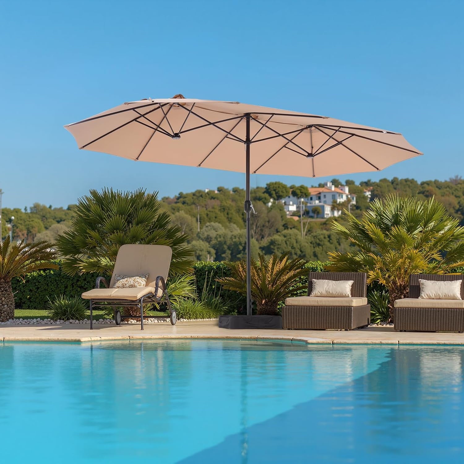 JIOABL 15FT Triple Head Patio Umbrella with Base & Sandbags, Large Outdoor Umbrella with Crank, 12 Ribs, UV-Resistant & Ventilated Canopy