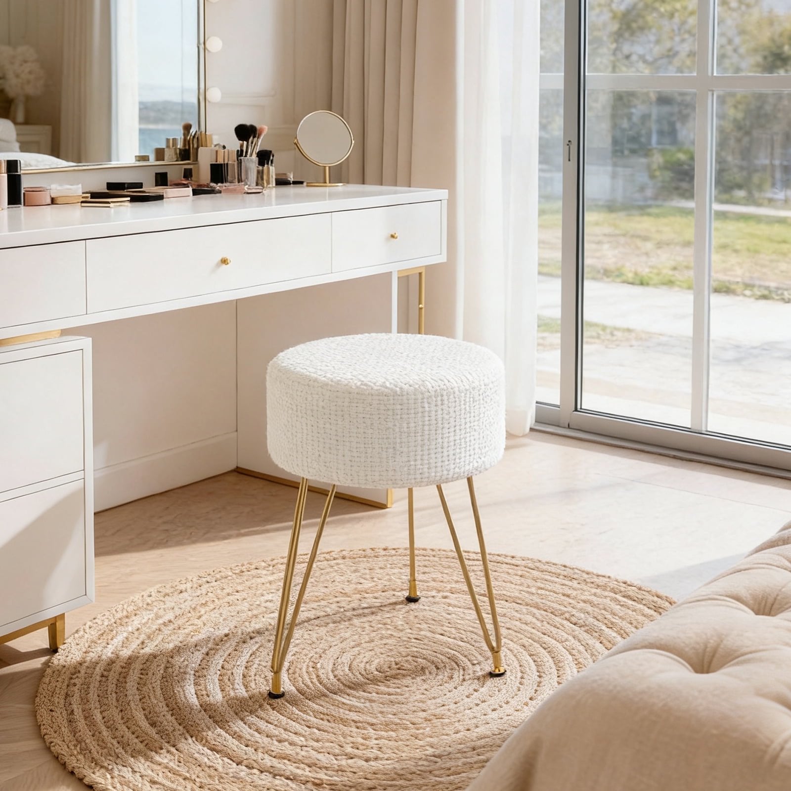 JIOABL Ottoman Foot Stool & Vanity Stool, 350lbs Capacity, Thick Cushion, Gold Metal Legs, for Bedroom & Living Room