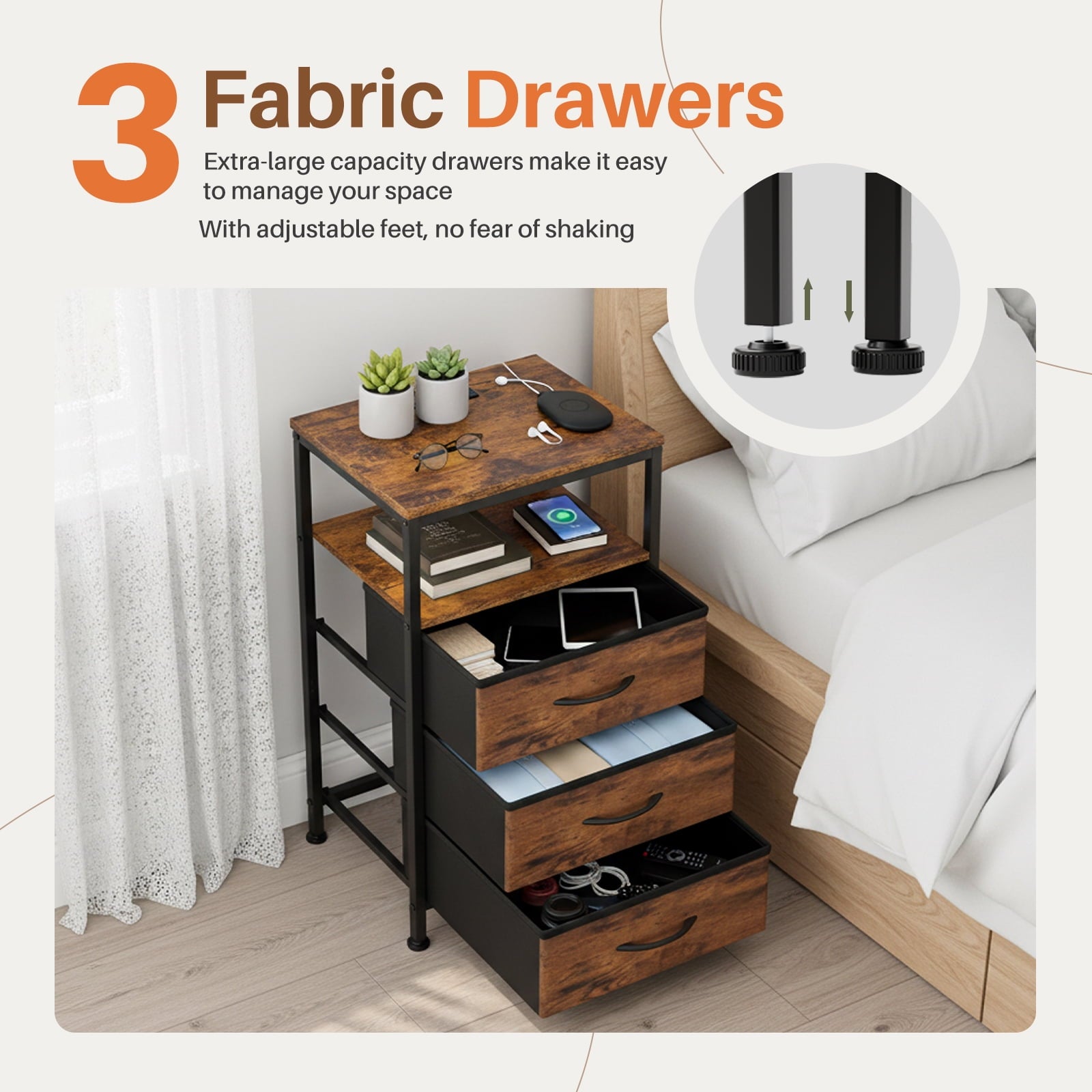 JIOABL Nightstand with USB & Type-C Charging, Fabric Drawers, Metal Frame