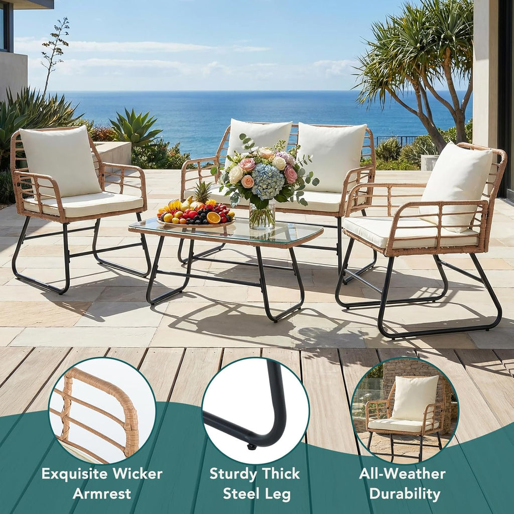 JIOABL Outdoor Bistro Set, Wicker Chairs & Glass Top Table for Patio, Balcony, Porch, Backyard