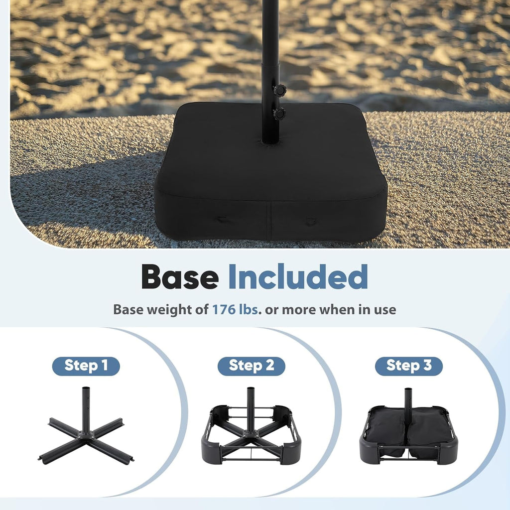 JIOABL 15FT Triple Head Patio Umbrella with Base & Sandbags, Large Outdoor Umbrella with Crank, 12 Ribs, UV-Resistant & Ventilated Canopy