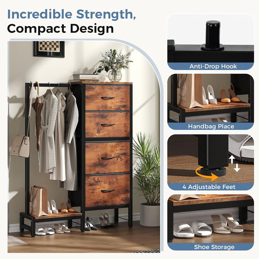 JIOABL 4 Drawer Dresser with Hanging Rack, Steel Frame, Fabric Drawers, Tall Storage Organizer for Bedroom