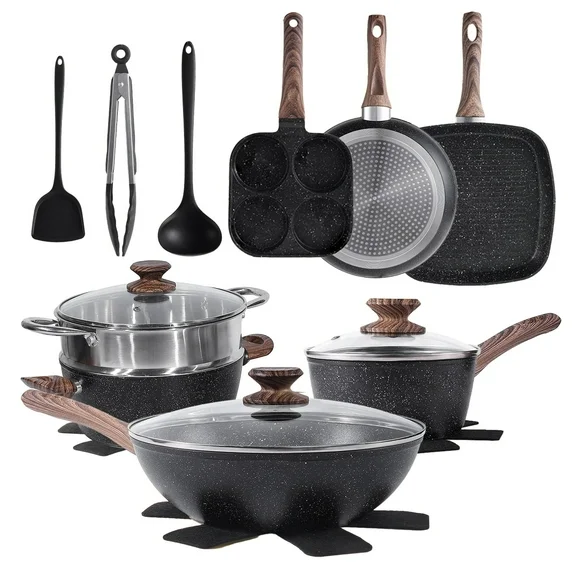 JIOABL 12 Pcs Non-Stick Cookware Set, Complete with Pots and Pans Featuring Detachable Handles, Beige