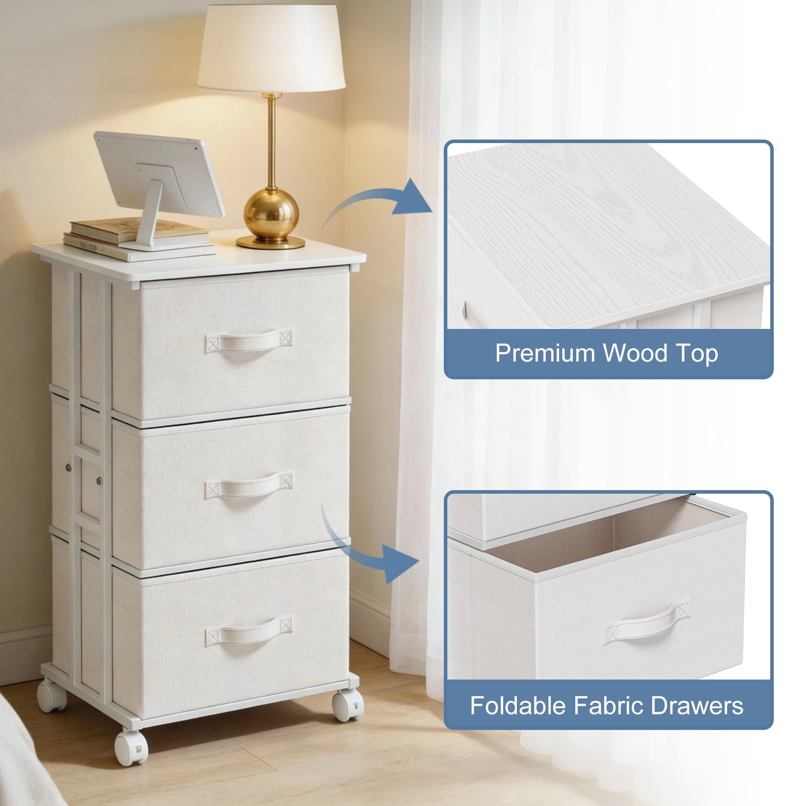 JIOABL Dresser Storage with 3 Drawers, Fabric Tower, Vertical Storage Unit with Wheels & Adjustable Handles for Bedroom, Closet, Office