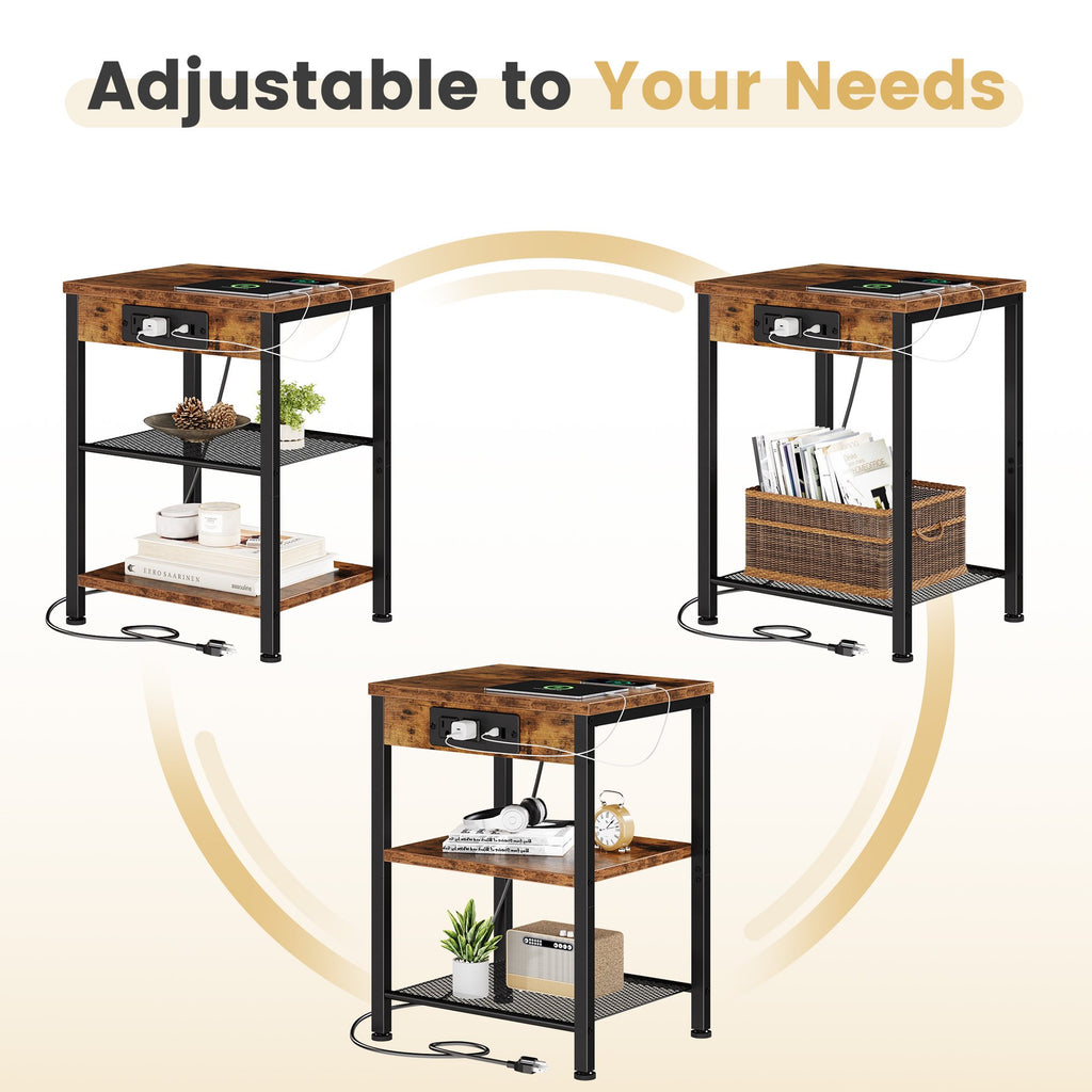 JIOABL 3-Tier Side Table with USB & AC Charging Station, Adjustable Shelves, Multi-Use for Living Room & Bedroom