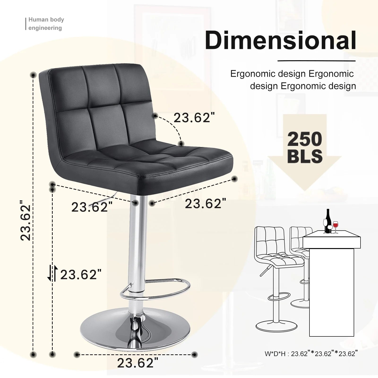 JIOABL Bar Stools, Armless Adjustable Swivel Barstools, PU Leather Hydraulic Kitchen Counter Height Bar Stools, Thickened Seat Cushion Square Island Barstools with Back