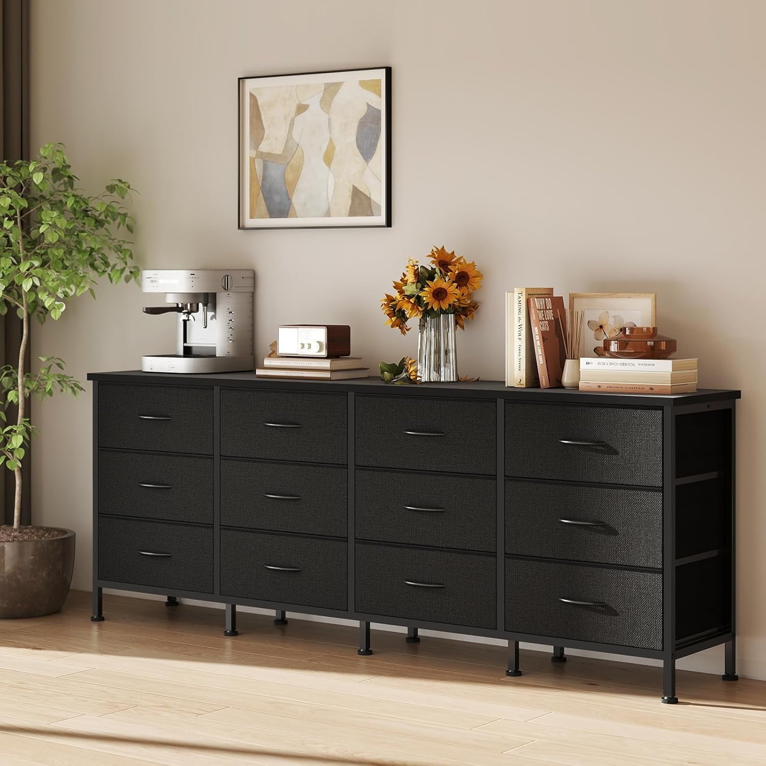 JIOABL TV Stand with 12 Fabric Drawers, Metal Frame Storage Stand with Adjustable feet and Anti-Tip