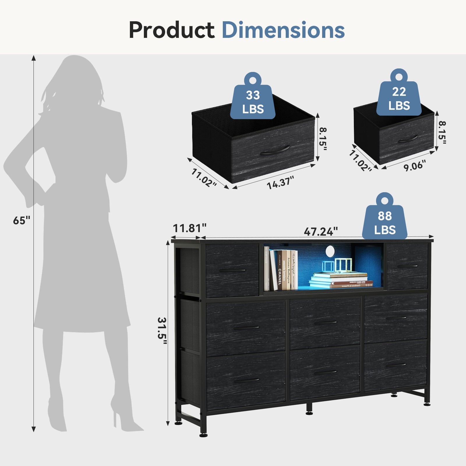 JIOABL TV Stand with  Fabric Drawers & Power Outlet, LED TV Console with USB & Type-C, Storage Dresser for Living Room