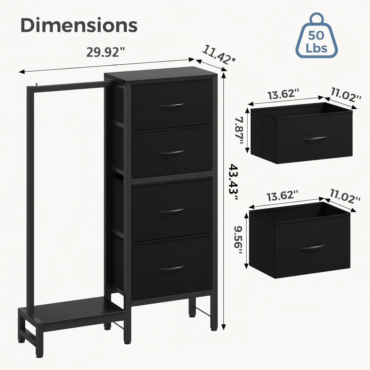 JIOABL 4 Drawer Dresser with Hanging Rack, Steel Frame, Fabric Drawers, Tall Storage Organizer for Bedroom