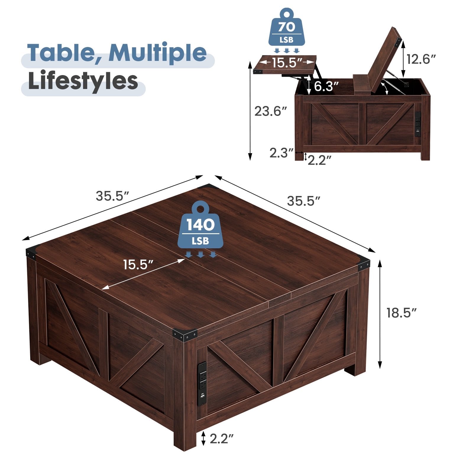JIOABL Farmhouse Lift Top Coffee Table with Charging Station and Hidden Storage, Square Center Table for Living Room