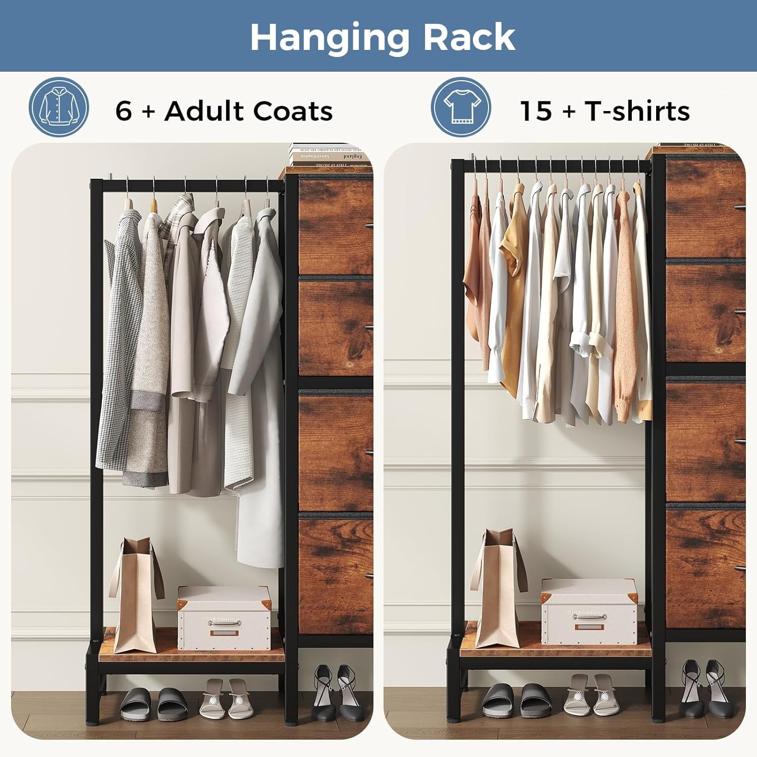JIOABL 4 Drawer Dresser with Hanging Rack, Steel Frame, Fabric Drawers, Tall Storage Organizer for Bedroom