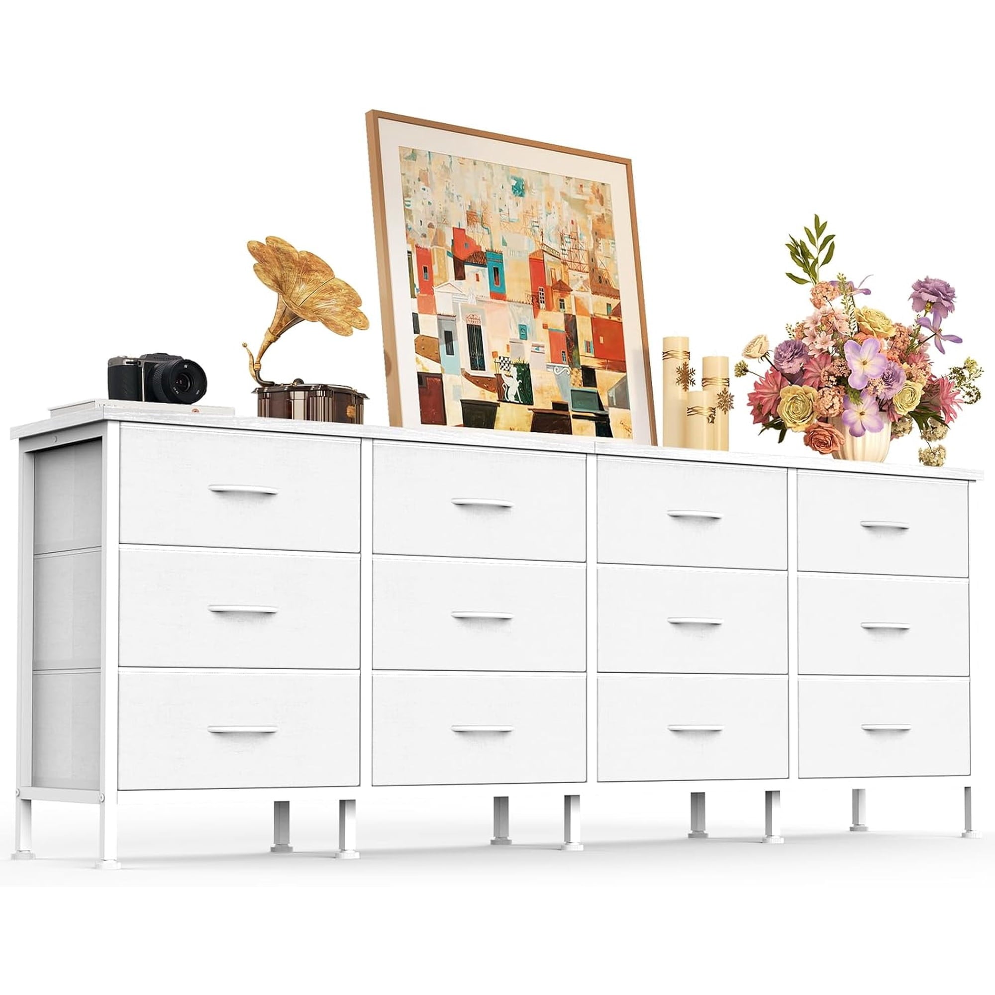 JIOABL TV Stand with 12 Fabric Drawers, Metal Frame Storage Stand with Adjustable feet and Anti-Tip