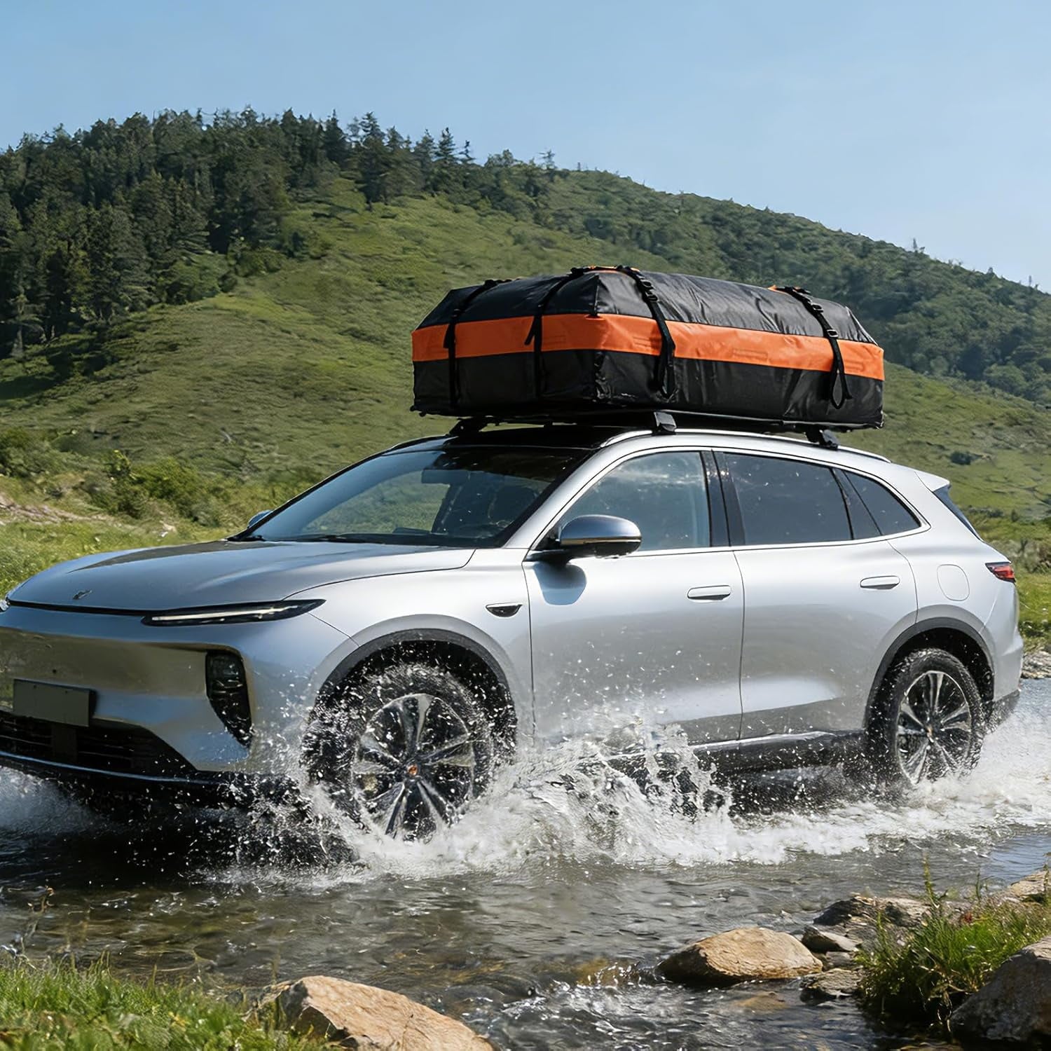 JIOABL Waterproof Car Roof Bag, 15 Cu Ft Rooftop Cargo Carrier with 6 Safety Hooks, Anti-Slip Mat, Lock, and Storage Bag for Cars & SUVs