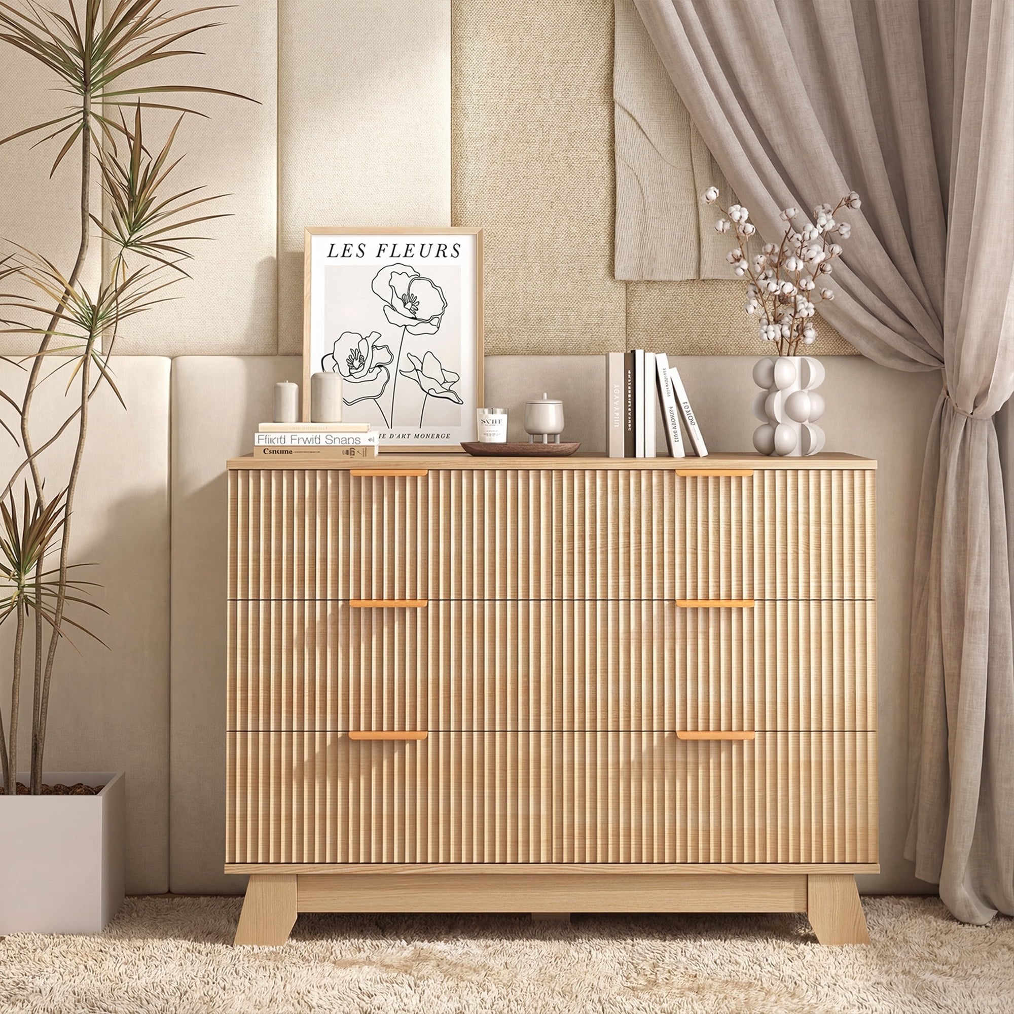 JIOABL Wood Dresser with Fluted Panel Design, Modern Storage Cabinet for Bedroom, Living Room, Hallway, Natural Oak
