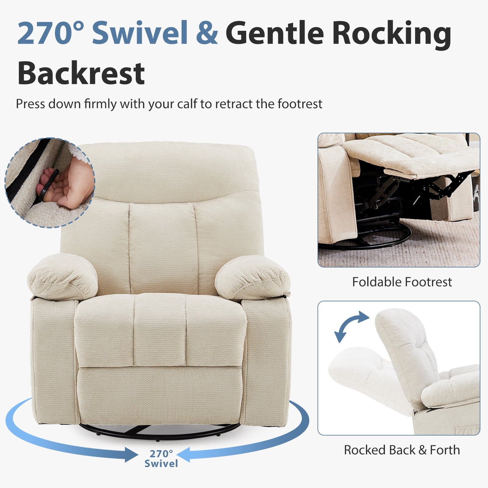 JIOABL Swivel Rocker Recliner Chair with Massage and Heat, Adjustable Recline, Chenille Fabric
