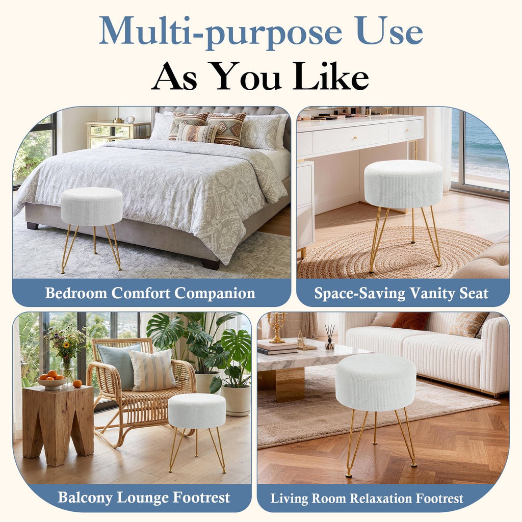 JIOABL Ottoman Foot Stool & Vanity Stool, 350lbs Capacity, Thick Cushion, Gold Metal Legs, for Bedroom & Living Room
