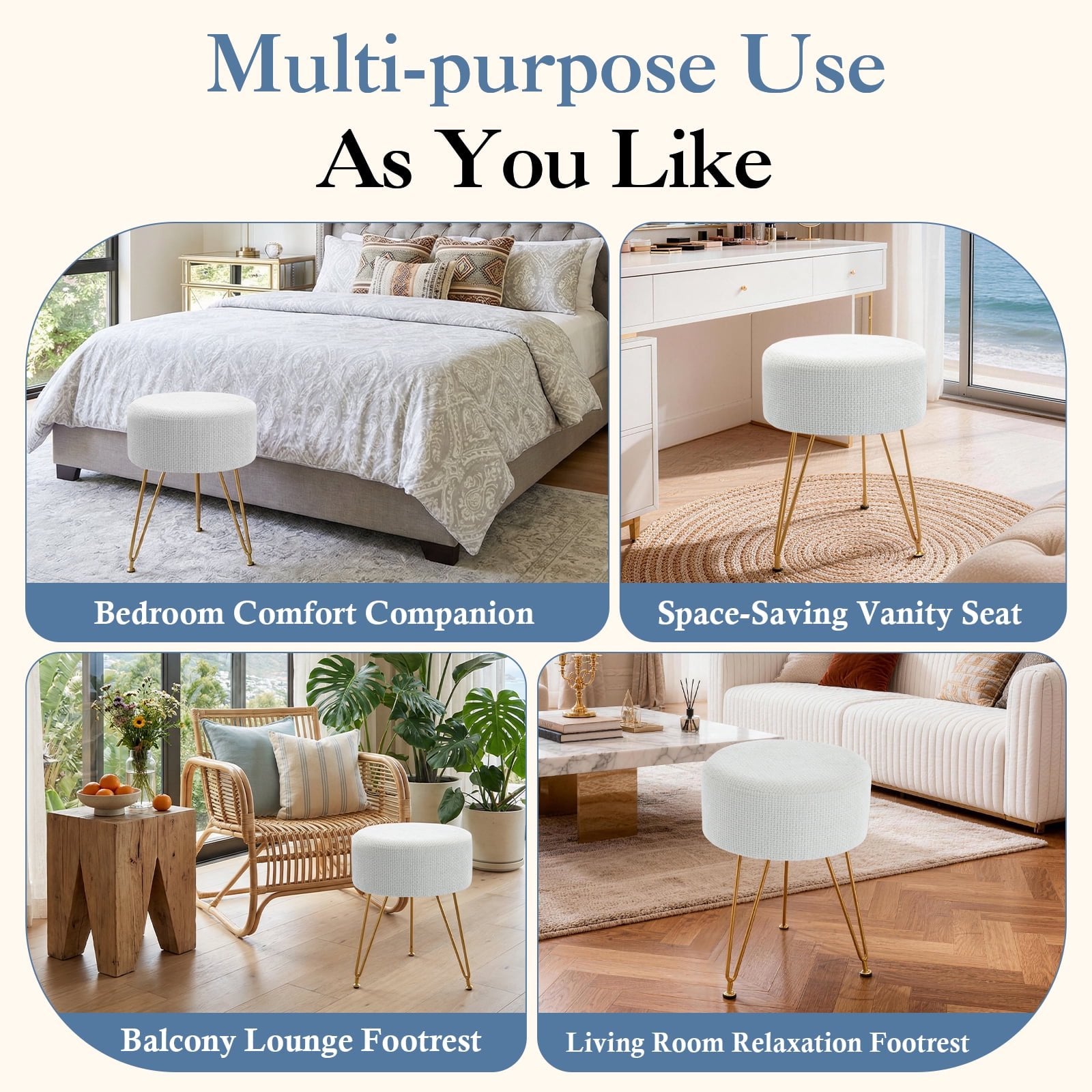 JIOABL Ottoman Foot Stool & Vanity Stool, 350lbs Capacity, Thick Cushion, Gold Metal Legs, for Bedroom & Living Room